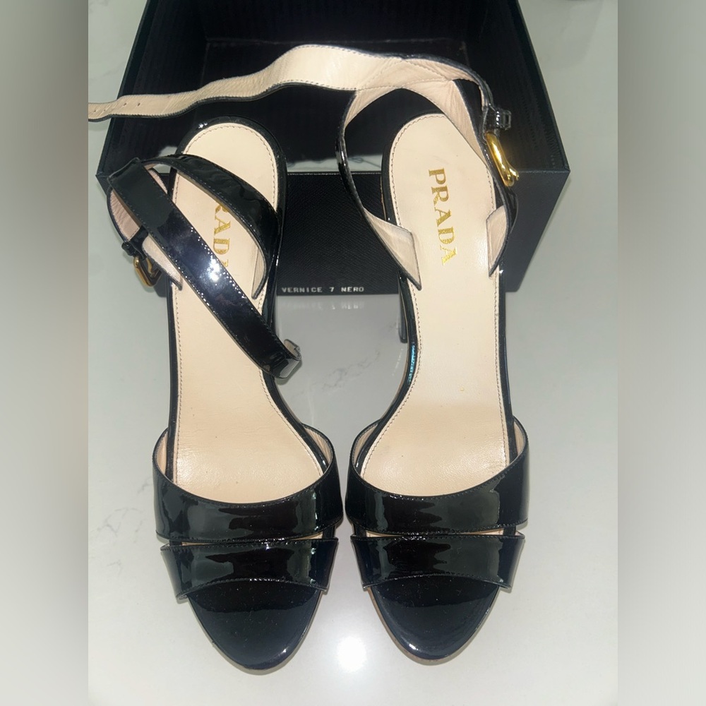 Prada Vernice Black Patent Leather Heels Cork Platform
